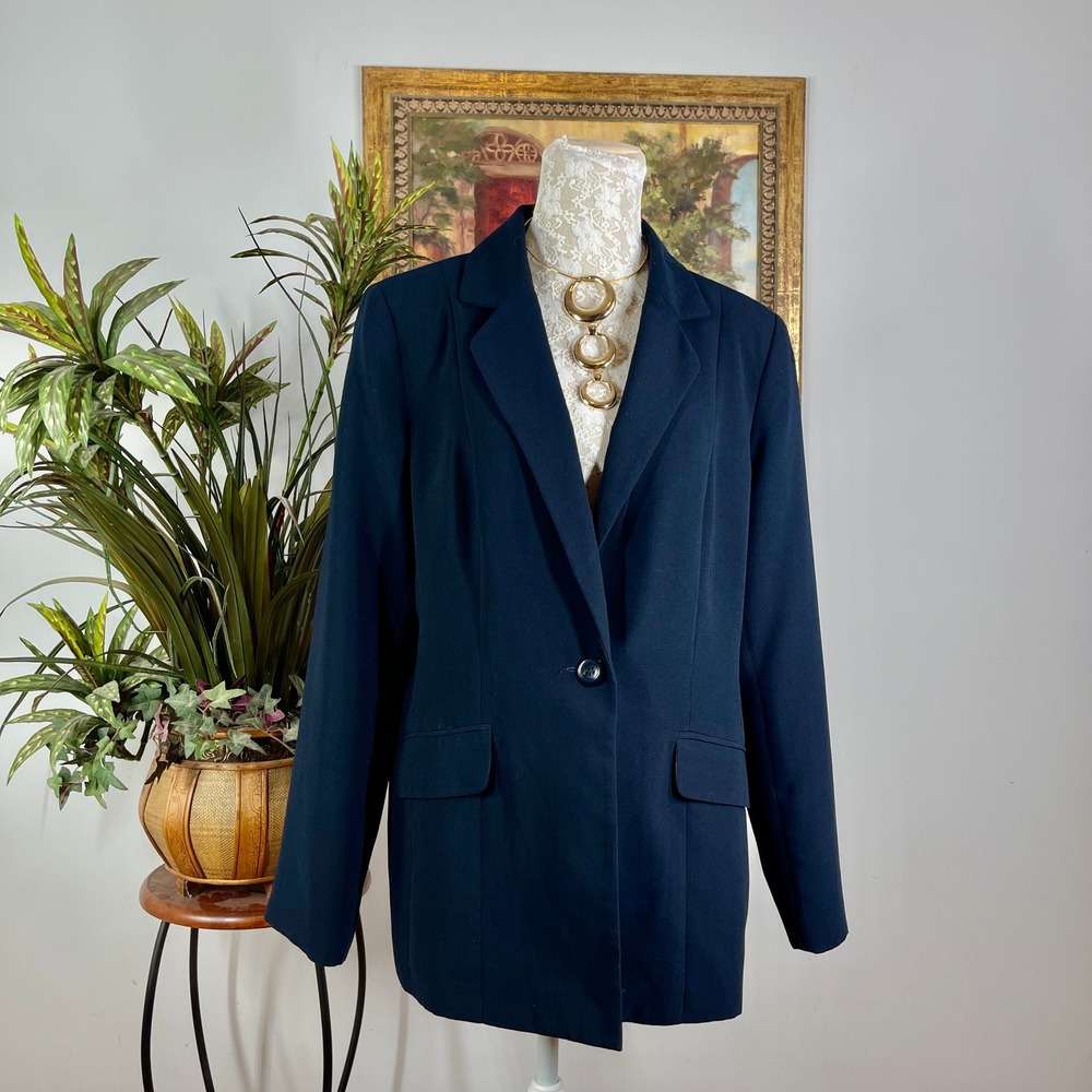 Isabella Suits Blazer Women 14 Navy Blue Polyester Single Button Notched Lapel